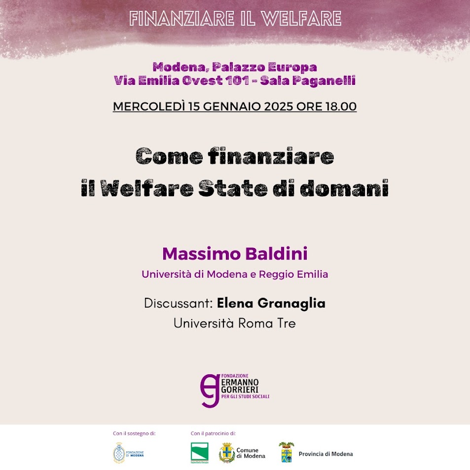 Modena, mercoledì 15 gennaio l’incontro “Come finanziare il Welfare State di domani”