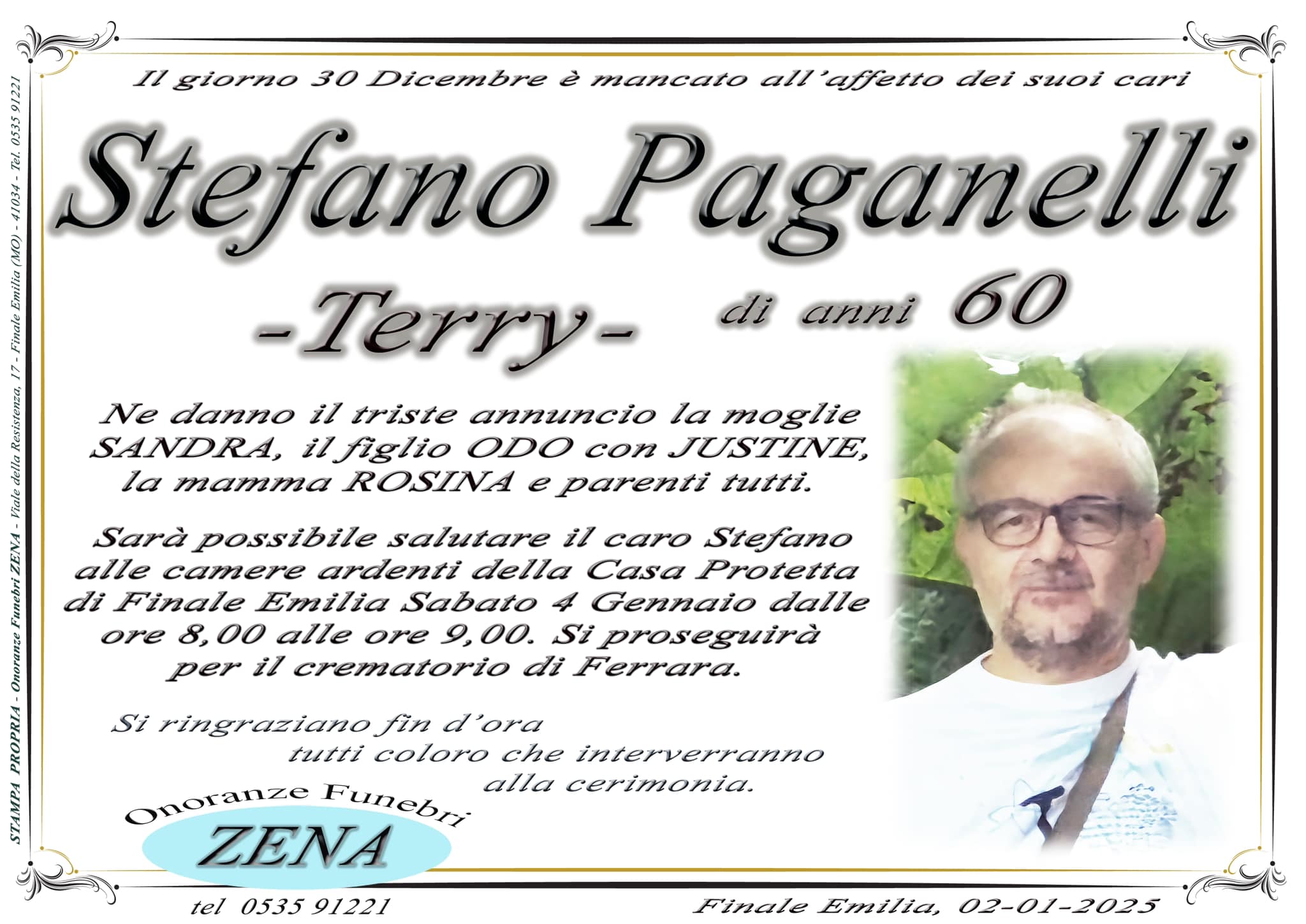 Finale Emilia, oggi l’ultimo saluto a Stefano Paganelli