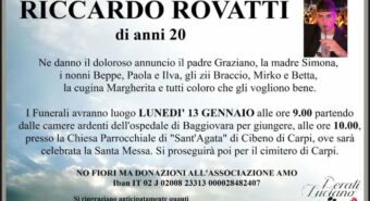 Lunedì a Carpi i funerali di Riccardo Rovatti, morto a 20 anni per incidente stradale a Carpi