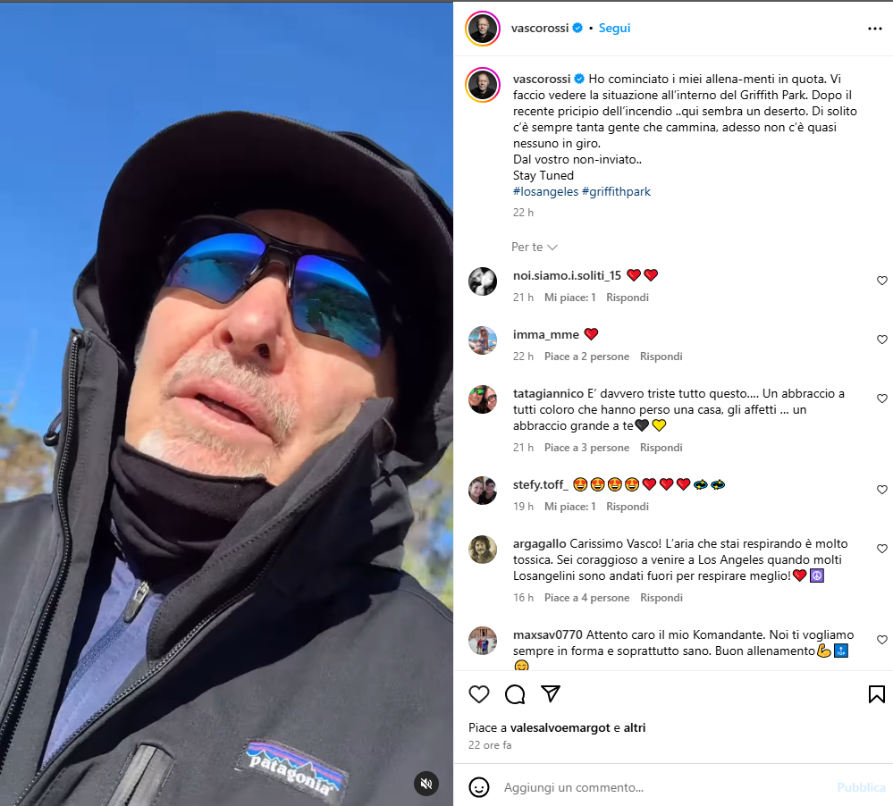 Vasco Rossi torna a Los Angeles e riprende l’incendio scoppiato vicino casa sua