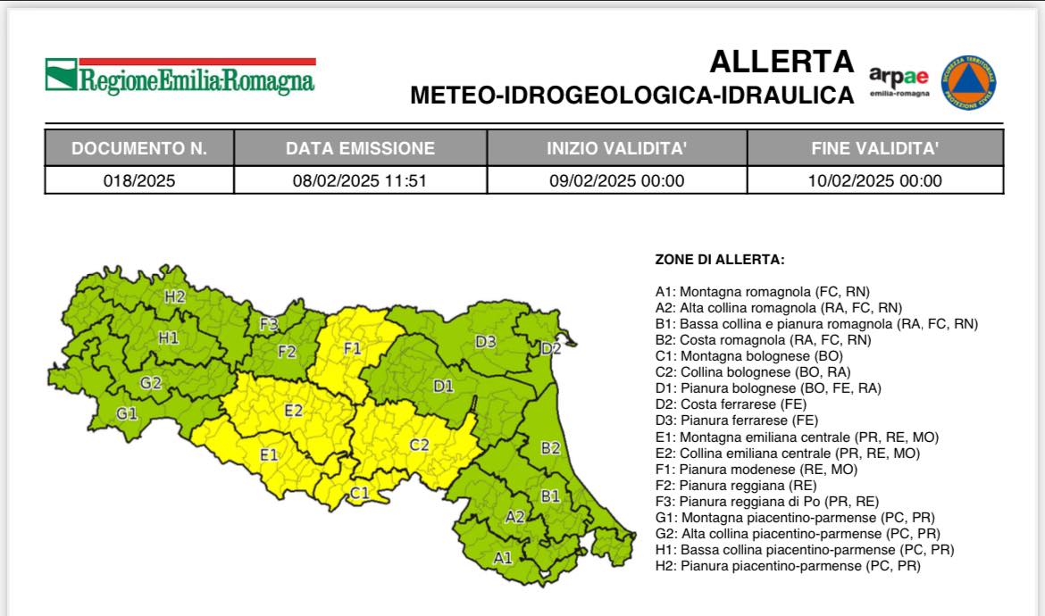 Domenica 9 febbraio allerta meteo per pioggia e piene dei fiumi