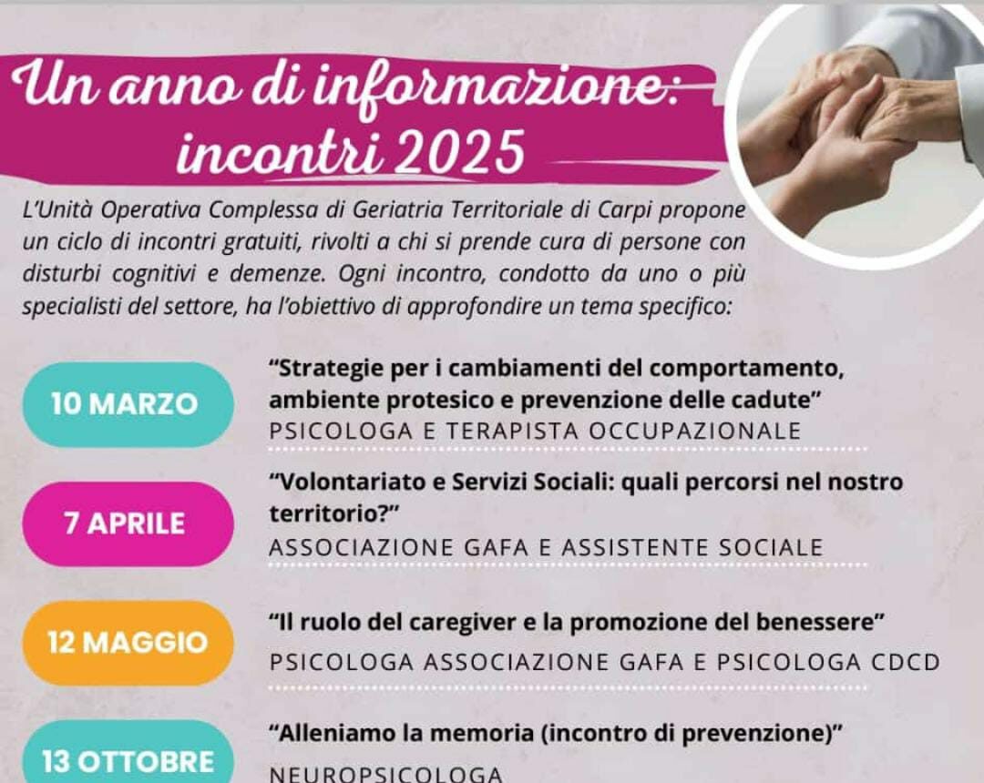 Carpi, incontri dedicati ai caregiver che si occupano di persone con demenza