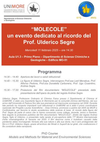 Unimore, martedì 11 febbraio l’iniziativa “Molecole” dedicata al prof Ulderico Segre