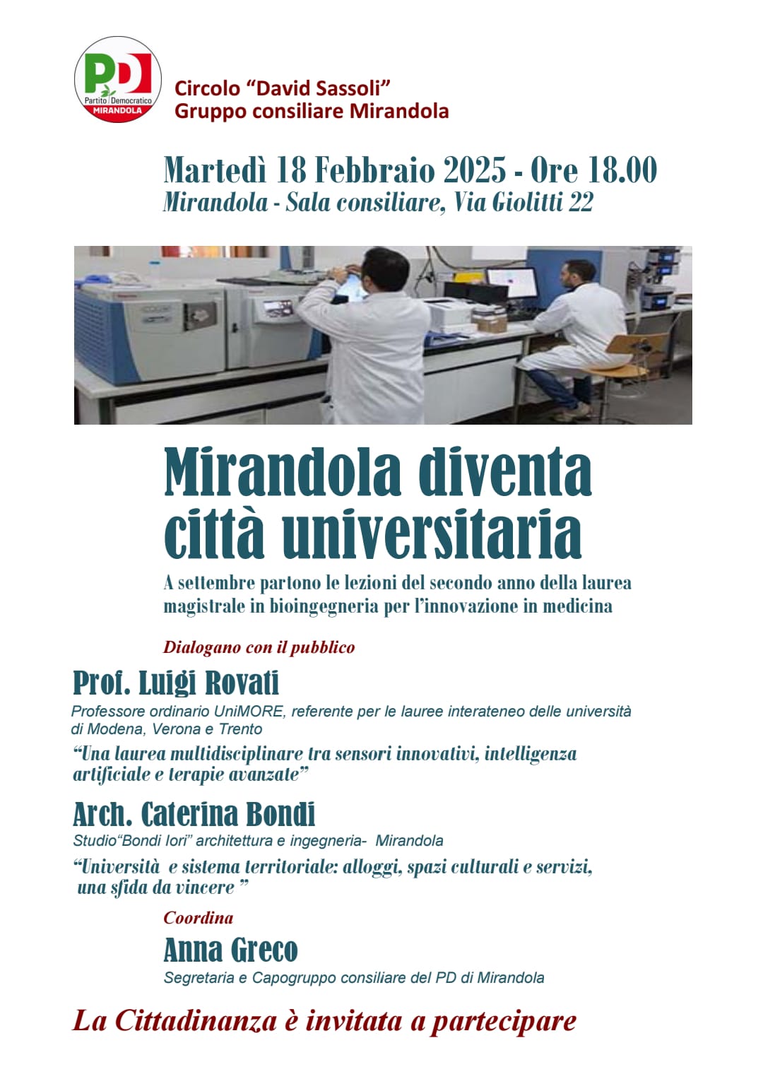 Mirandola, martedì 18 febbraio l’incontro “Mirandola diventa città universitaria”