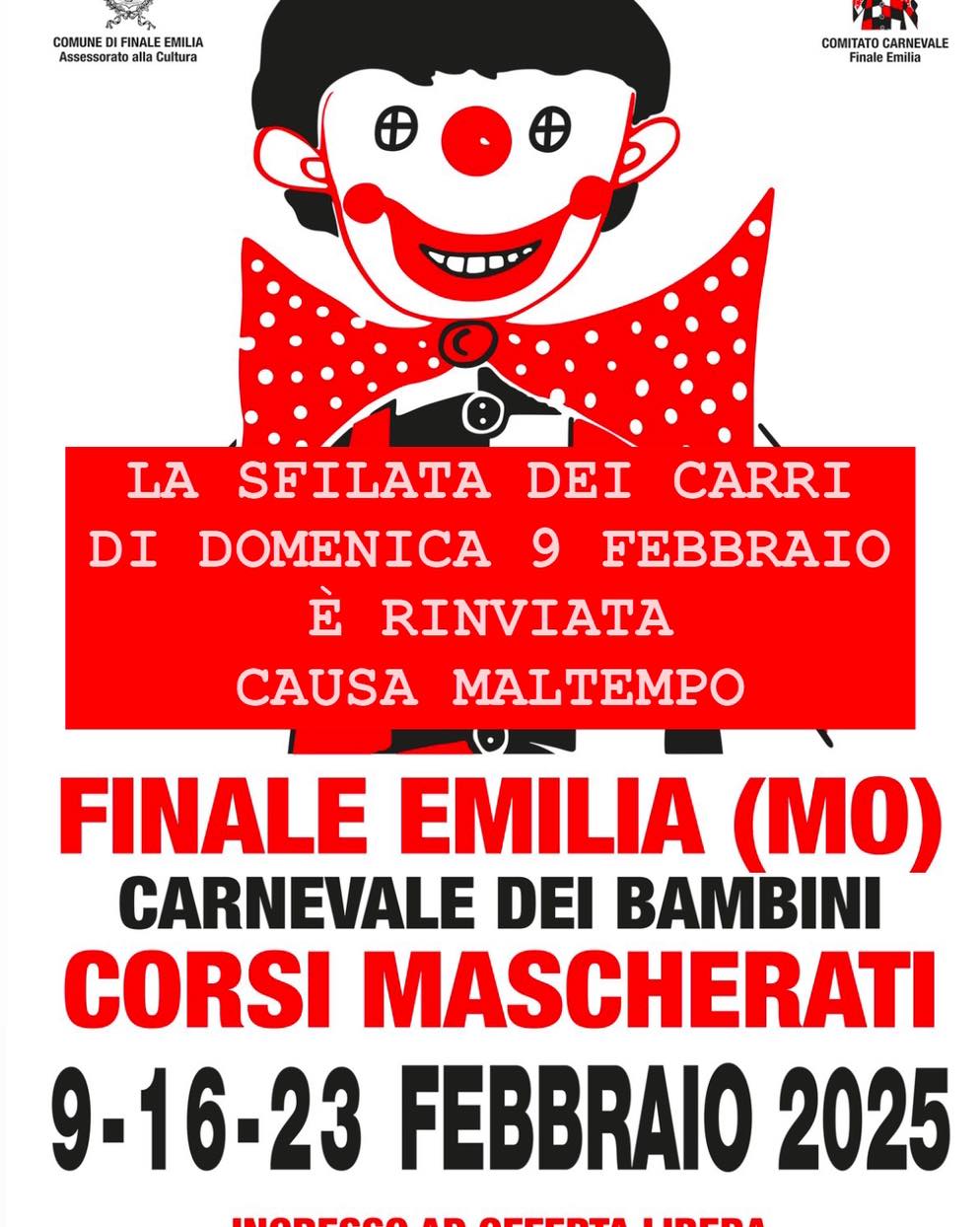 Finale Emilia, rinviata causa maltempo la sfilata di Carnevale di domenica 9 febbraio