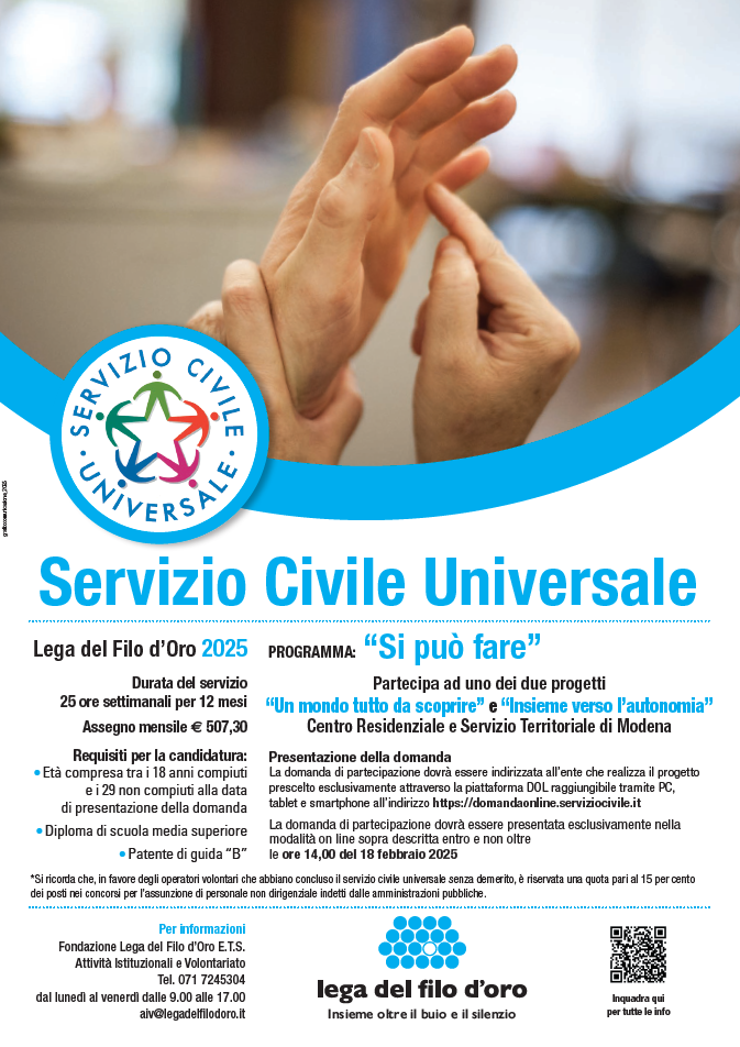 Servizio civile universale 2025: iscrizioni prorogate al 27 febbraio per diventare volontari della Lega del Filo D’Oro