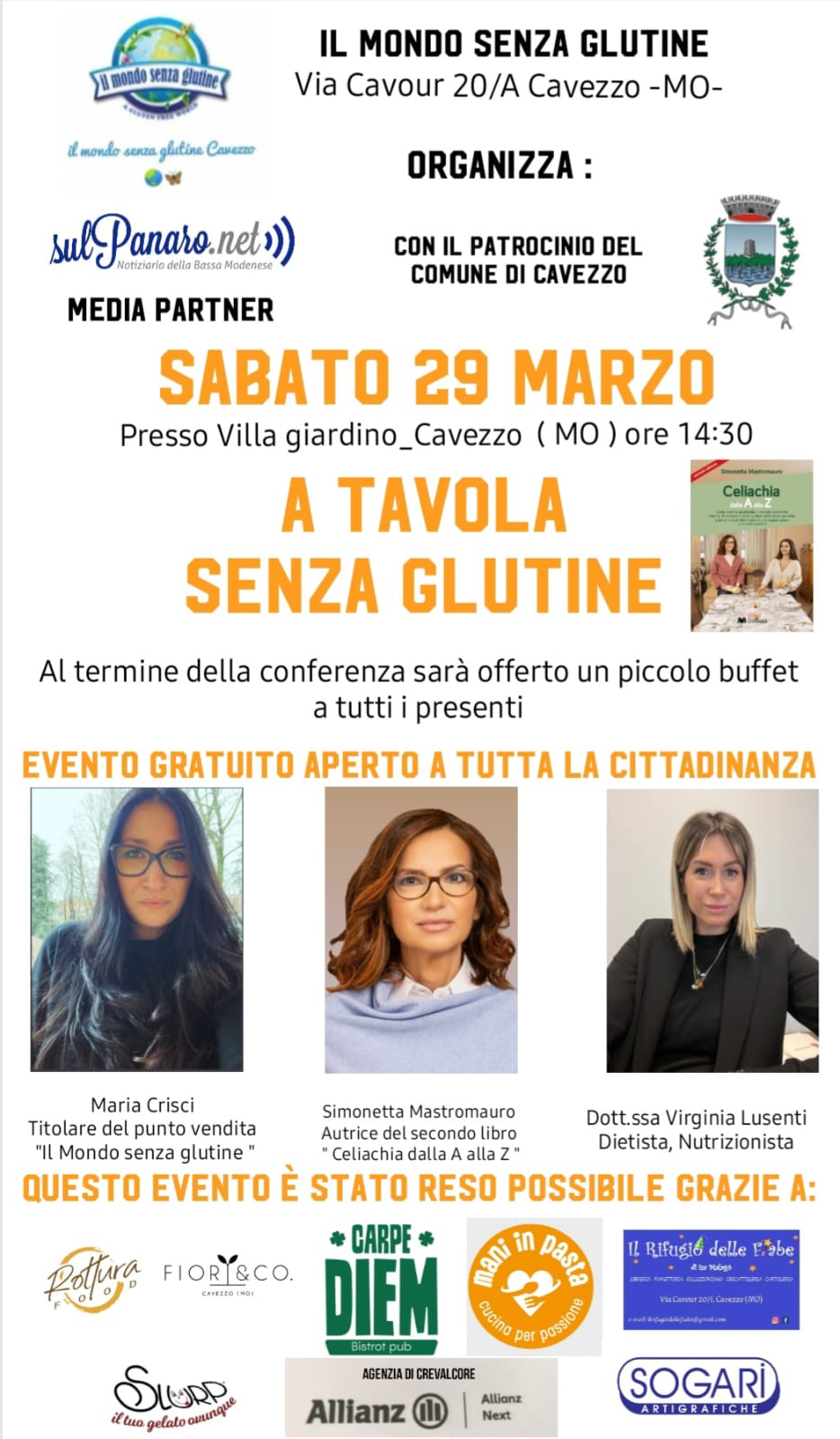 Cavezzo, sabato 29 marzo Villa Giardino ospita l’iniziativa “A tavola senza glutine”.