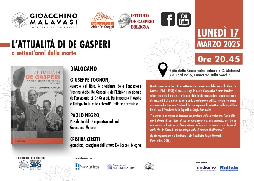 Concordia, lunedì 17 marzo alla Cooperativa Malavasi si presenta il libro “L’attualità di De Gasperi: lezioni di storia e di politica”