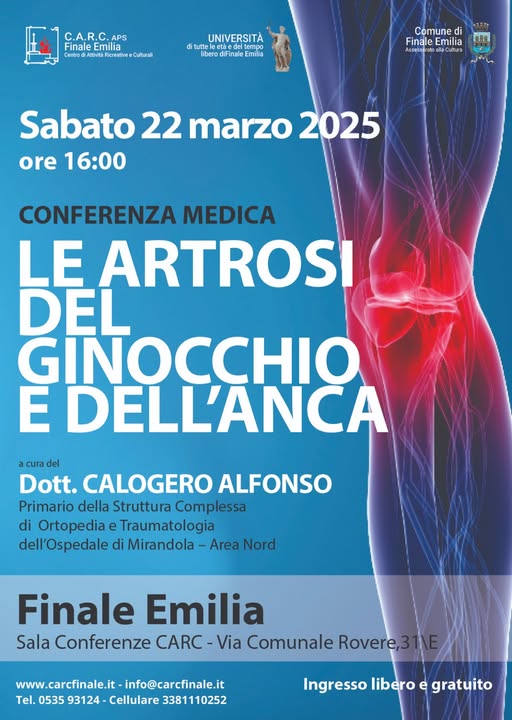 Finale Emilia, sabato 22 marzo al Carc un incontro sulle artrosi del ginocchio e dell’anca