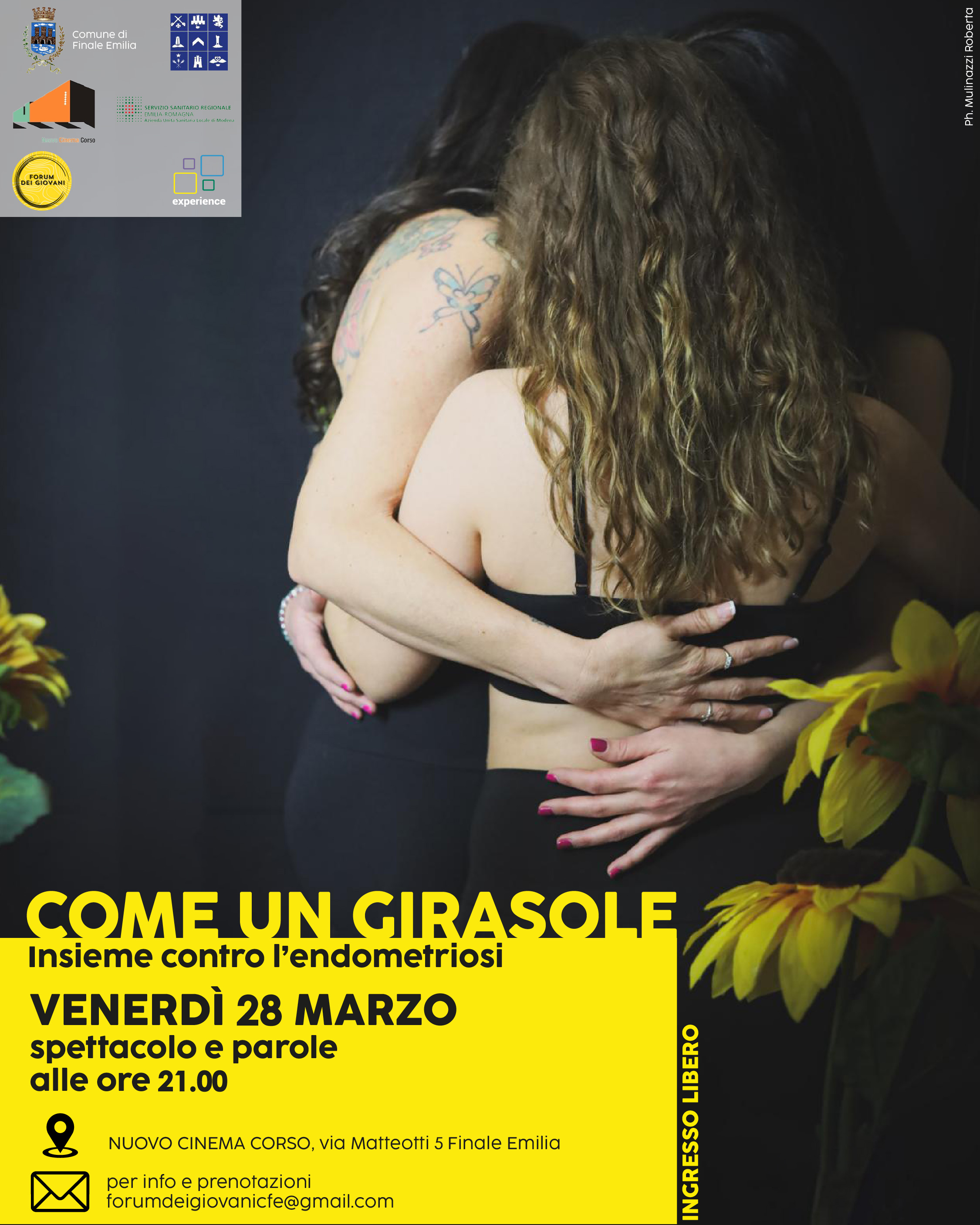 Finale Emilia, il 28 marzo al cinema “Corso”, lo spettacolo sull’endometriosi “Come un girasole”
