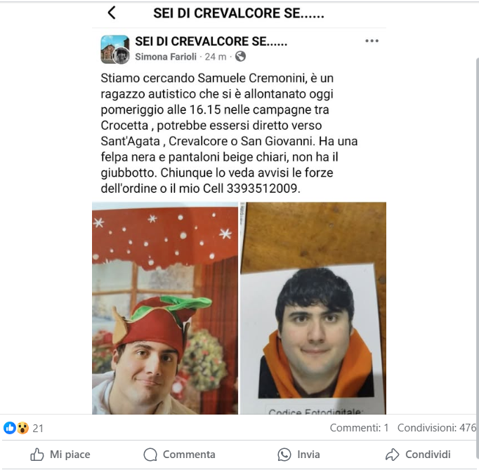 Ritrovato Samuele, il giovane che si era allontanato da casa venerdì 7 marzo