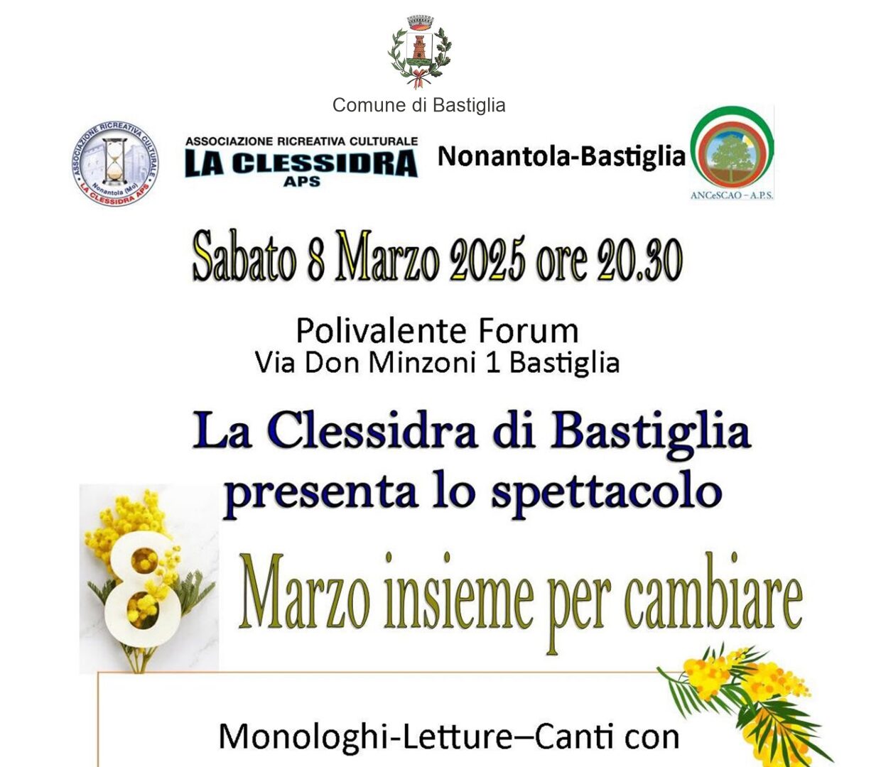 “8 marzo: insieme per cambiare”, spettacolo a Bastiglia in occasione della Giornata internazionale della Donna