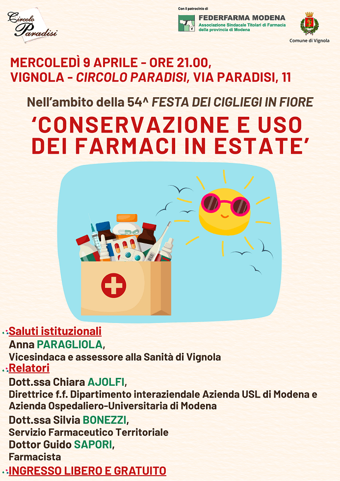 Conservazione e uso dei farmaci in estate: il 9 aprile un incontro gratuito a Vignola con i consigli di medici e farmacisti