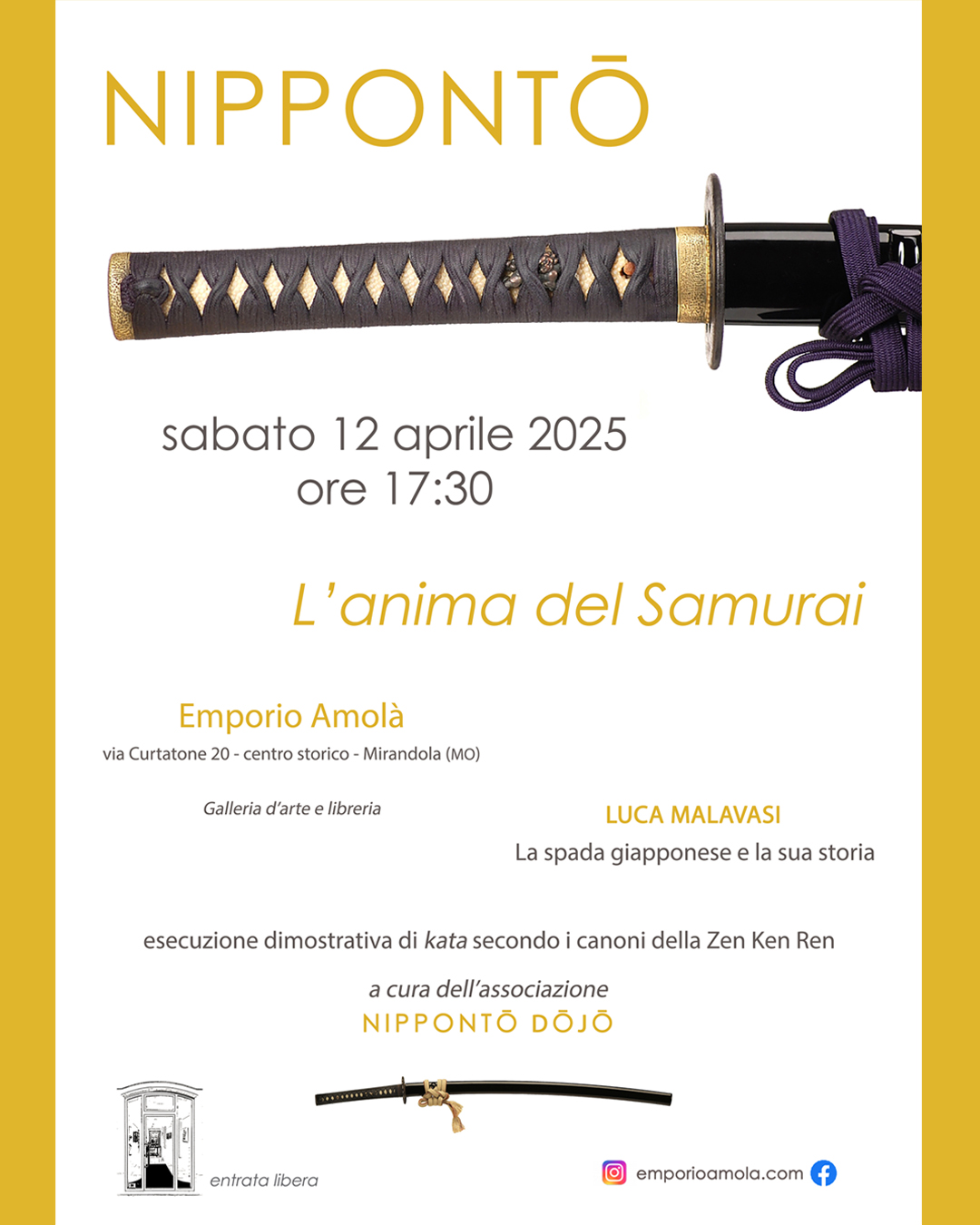 Mirandola, sabato 12 aprile all’Emporio Amolà appuntamento con “NIPPONTŌ l’anima del Samurai”