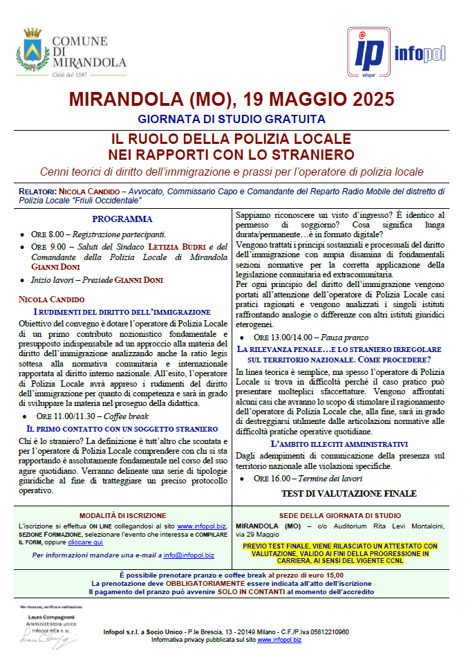 Il 19 maggio a Mirandola la giornata di studio “Il ruolo della Polizia Locale nei rapporti con lo straniero”