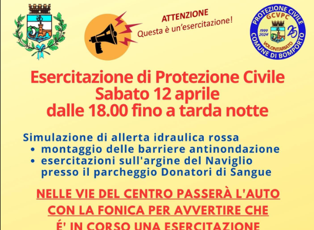 Sabato 12 aprile esercitazione di Protezione Civile a Bomporto: si simula un’allerta idraulica rossa
